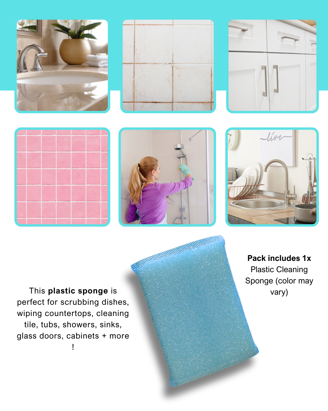 Caro's Bathroom Cleaning Kit - 1x Soap Scum & Hard Water Remover 32 fl.oz, 1x Plastic Sponge, 1x Squeeguee, 1x Small Detail Brush, 1x Stainless Steel Ball, 1x Plastic Scrubber, 1x pumex stone
