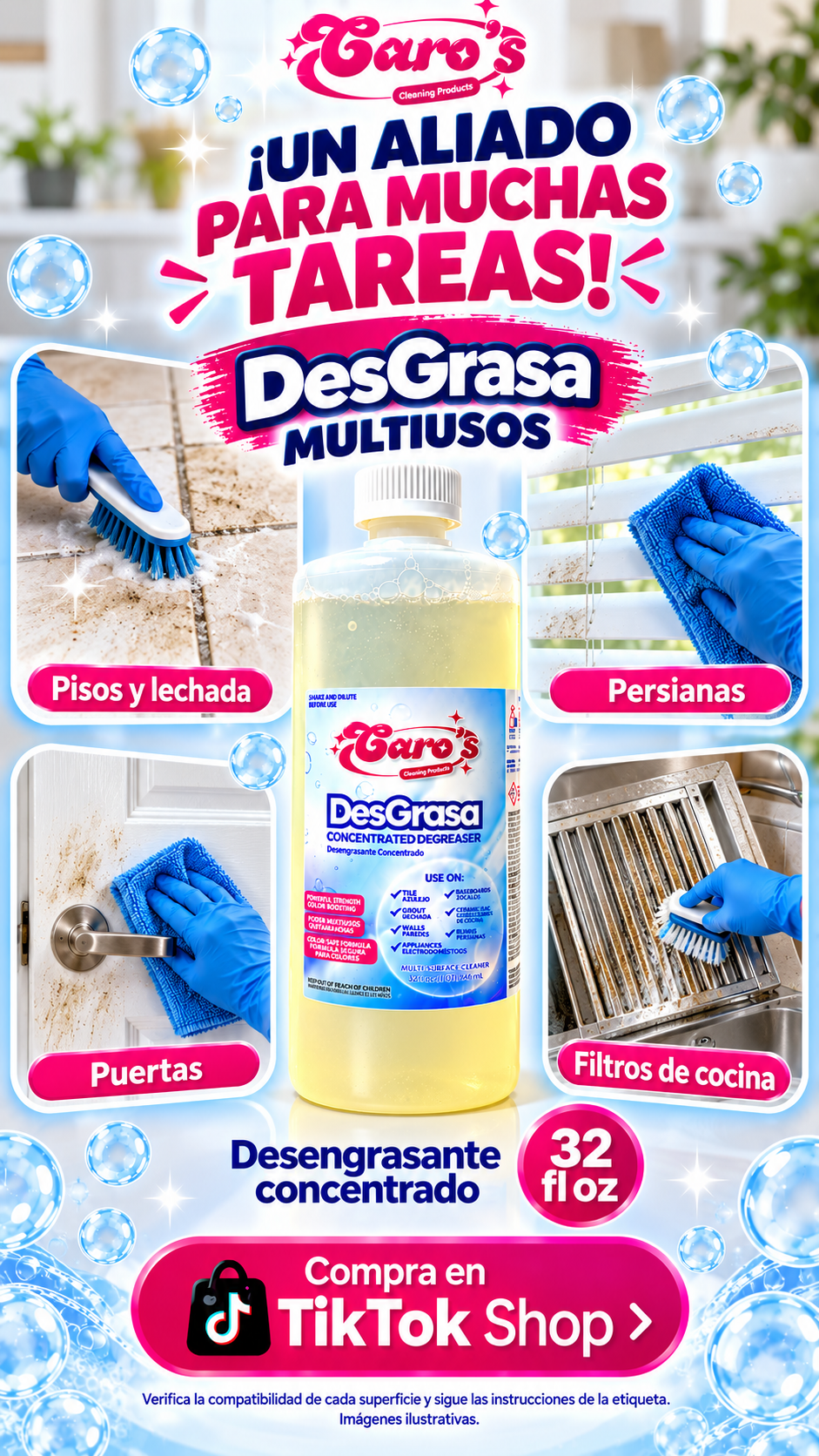 PACK x 6 - Caro's DesGrasa Concentrated Degreaser Tile, Grout, Grime, Dirt, Grease, Free of Scent (32 fl.oz) Bottle