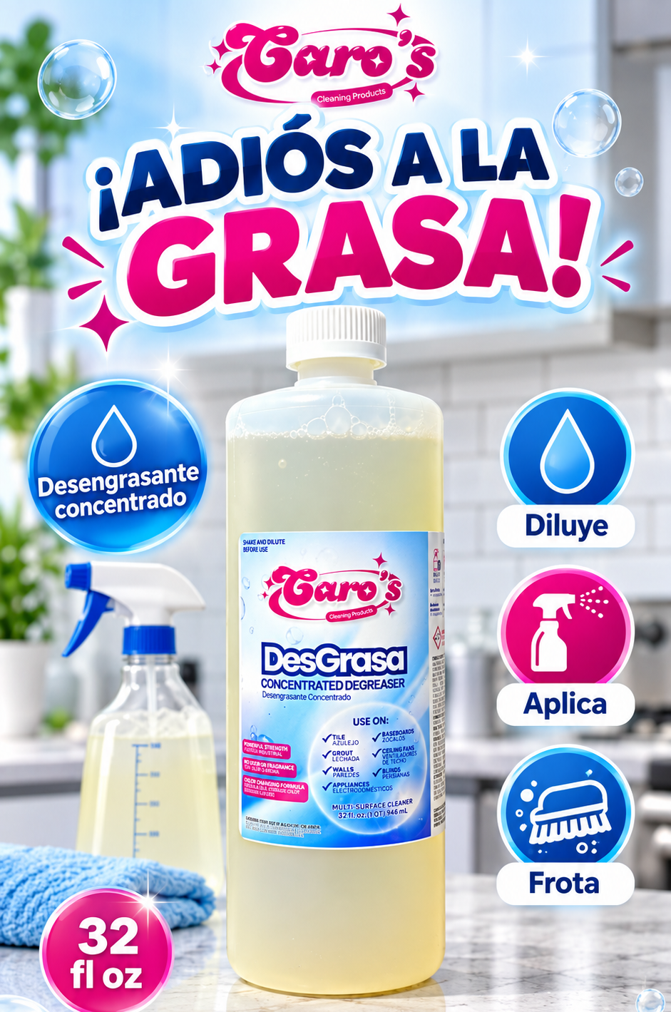 Caro's DesGrasa Concentrated Degreaser Tile, Grout, Grime, Dirt, Grease, Free of Scent (32 fl.oz) Bottle