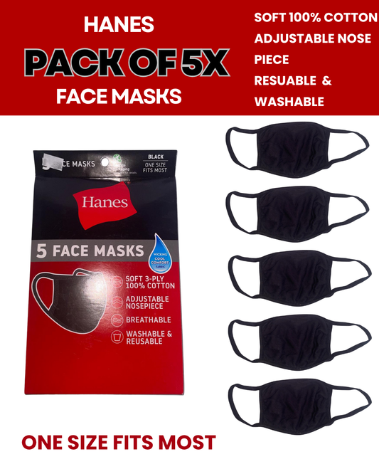 Hanes - Pack of 5x Black Face Masks One Size