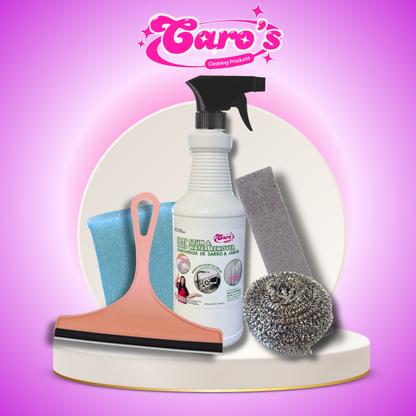 Caro's Bathroom Cleaning Pack (5) - Hardwater and Soap Scum Remover Cleaning Solution Liquid, Squeegue, Stainless Steel Scourer, Pumice Stone, Colored Sponge