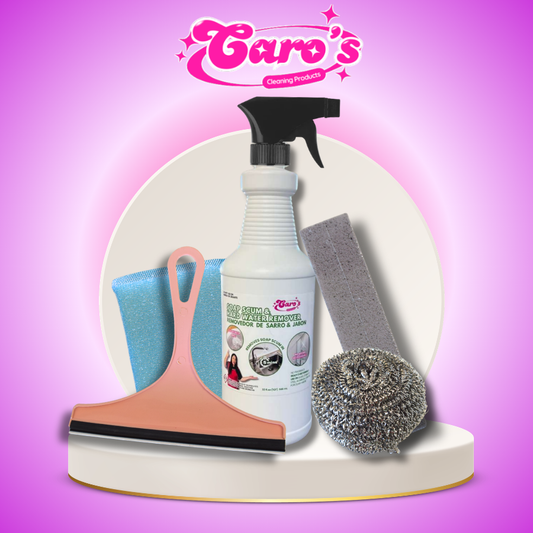 Caro's Bathroom Cleaning Pack (5) - Hardwater and Soap Scum Remover Cleaning Solution Liquid, Squeegue, Stainless Steel Scourer, Pumice Stone, Colored Sponge