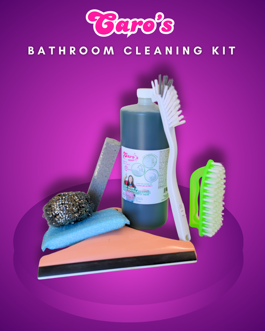 Caro's Bathroom Cleaning Kit - 1x Soap Scum & Hard Water Remover 32 fl.oz, 1x Plastic Sponge, 1x Squeeguee, 1x Small Detail Brush, 1x Stainless Steel Ball, 1x Plastic Scrubber, 1x pumex stone