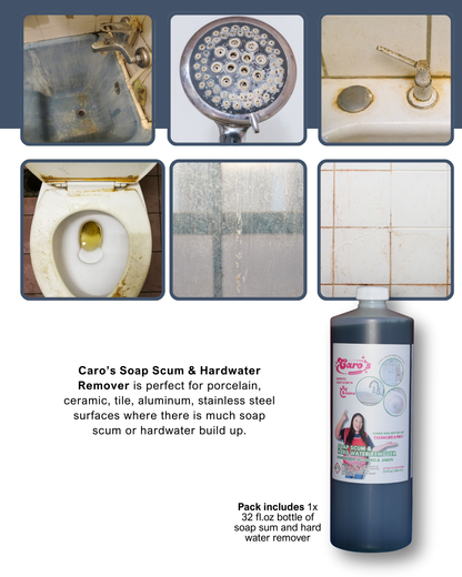 Caro's Bathroom Cleaning Kit - 1x Soap Scum & Hard Water Remover 32 fl.oz, 1x Plastic Sponge, 1x Squeeguee, 1x Small Detail Brush, 1x Stainless Steel Ball, 1x Plastic Scrubber, 1x pumex stone