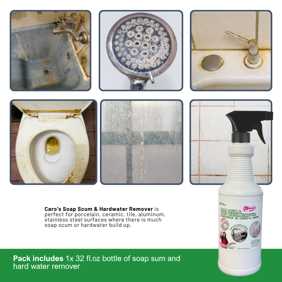 Caro's Bathroom Cleaning Pack (5) - Hardwater and Soap Scum Remover Cleaning Solution Liquid, Squeegue, Stainless Steel Scourer, Pumice Stone, Colored Sponge