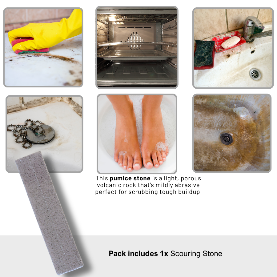 Caro's Bathroom Cleaning Pack (5) - Hardwater and Soap Scum Remover Cleaning Solution Liquid, Squeegue, Stainless Steel Scourer, Pumice Stone, Colored Sponge