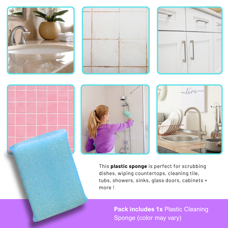 Caro's Bathroom Cleaning Pack (5) - Hardwater and Soap Scum Remover Cleaning Solution Liquid, Squeegue, Stainless Steel Scourer, Pumice Stone, Colored Sponge