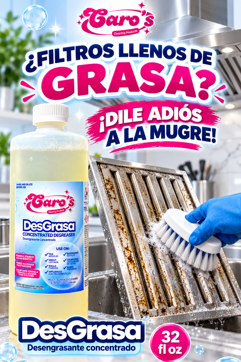 Caro's DesGrasa Concentrated Degreaser Tile, Grout, Grime, Dirt, Grease, Free of Scent (32 fl.oz) Bottle