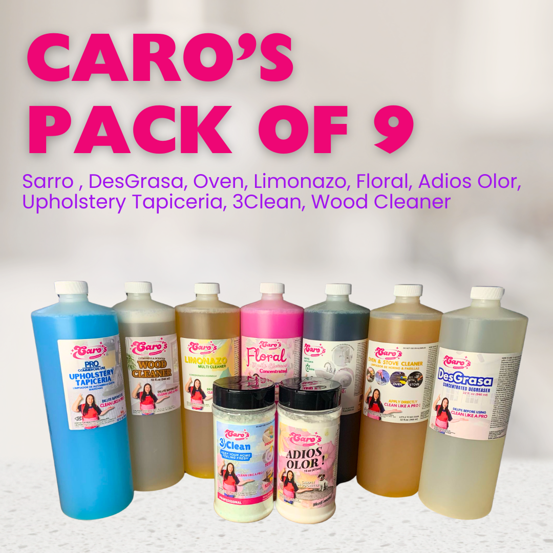 Caro's Pack de 9x - Sarro, Desgrasa, Oven, Limonazo, Floral, Tapiceria, Adios Olor, 3Clean, Wood Cleaner